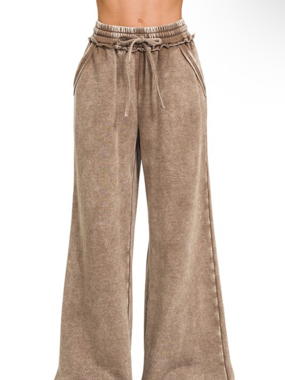 Zenana Mocha Acid Wash Fleece Bomber Jacket Wide Leg Palazzo Sweatpants Set - Picture 4 of 4